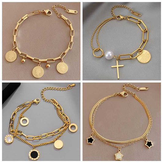 Stainless Steel Layered Golden Pendant Bracelet For Women