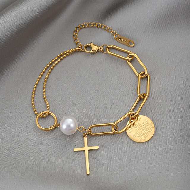 Stainless Steel Layered Golden Pendant Bracelet For Women
