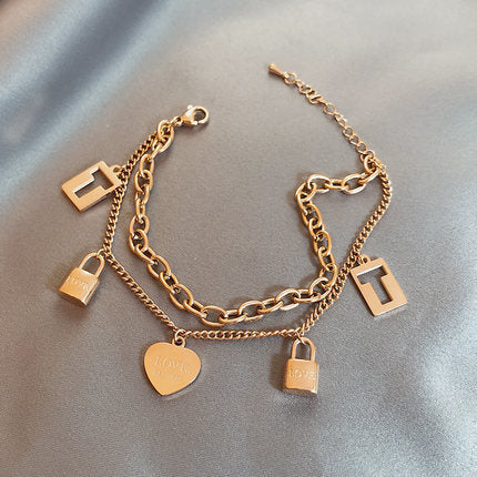 Stainless Steel Layered Golden Pendant Bracelet For Women