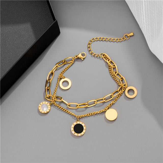Stainless Steel Layered Golden Pendant Bracelet For Women