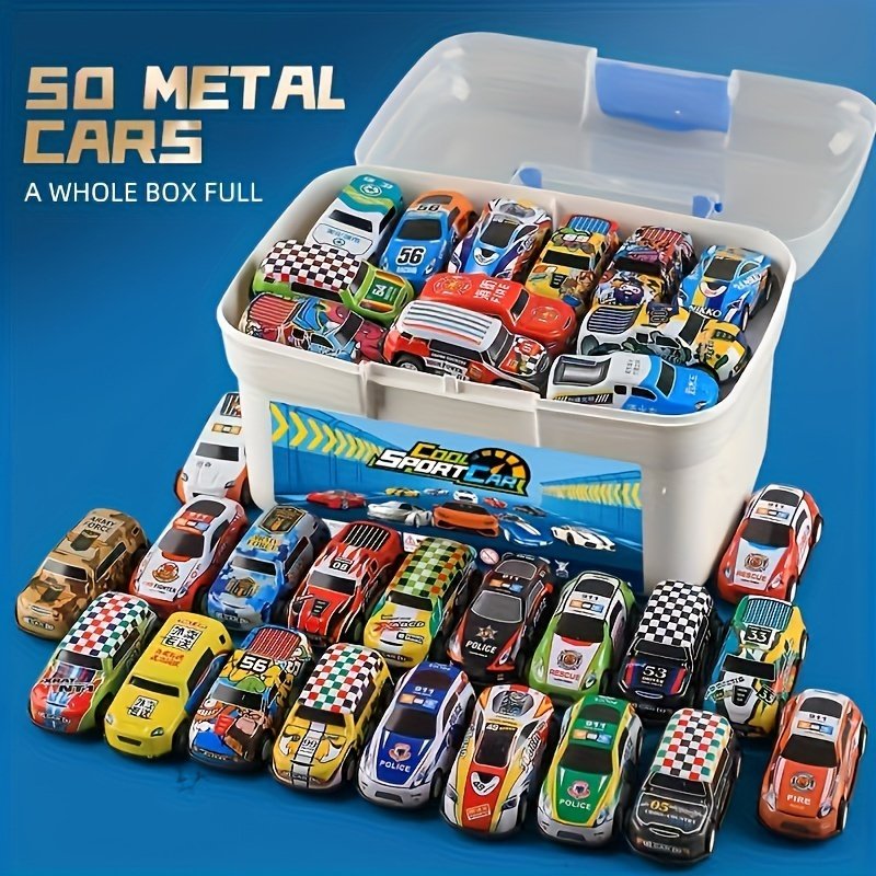 50 Metal Cars Toy Set with Storage Box & Play Mat
